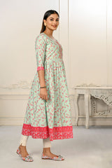 Light Green Cotton Handprint Embroidered Kurtis - jivora