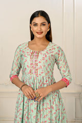 Light Green Cotton Handprint Embroidered Kurtis - jivora