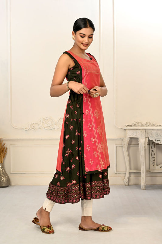 2 Layered Inner Cotton And Outward Jacket Chanderi Kurti - jivora