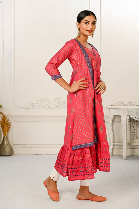 Red Cotton Kurti with Handprint and Light Embroidery - jivora