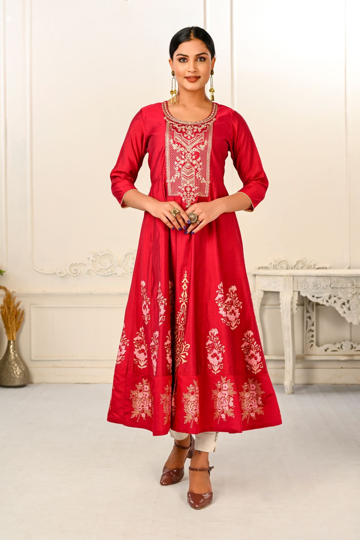 Elegant Cotton Handprint Red Embroidery Kurtis - jivora