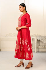 Elegant Cotton Handprint Red Embroidery Kurtis - jivora