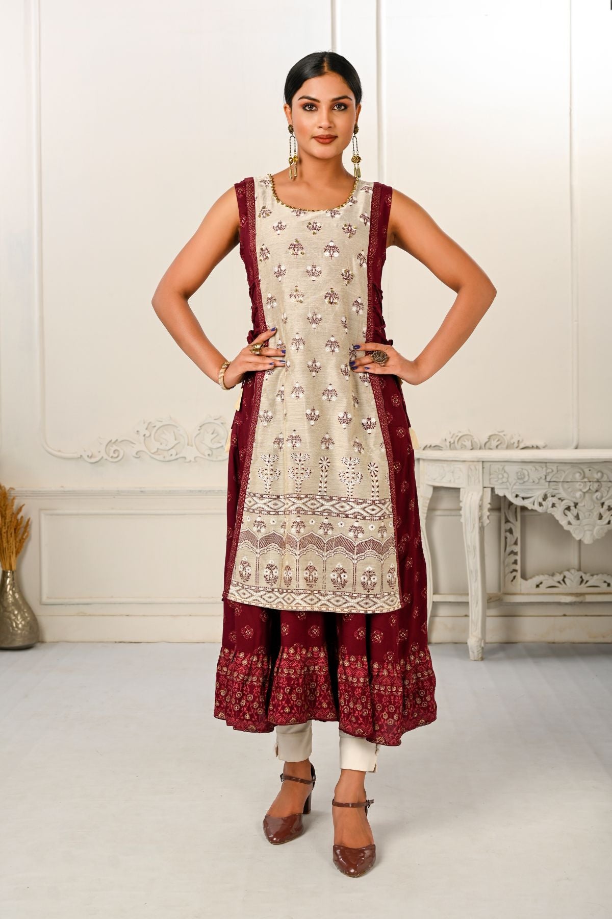 2 Layered Inner Cotton And Outward Jacket Chanderi Kurti - jivora