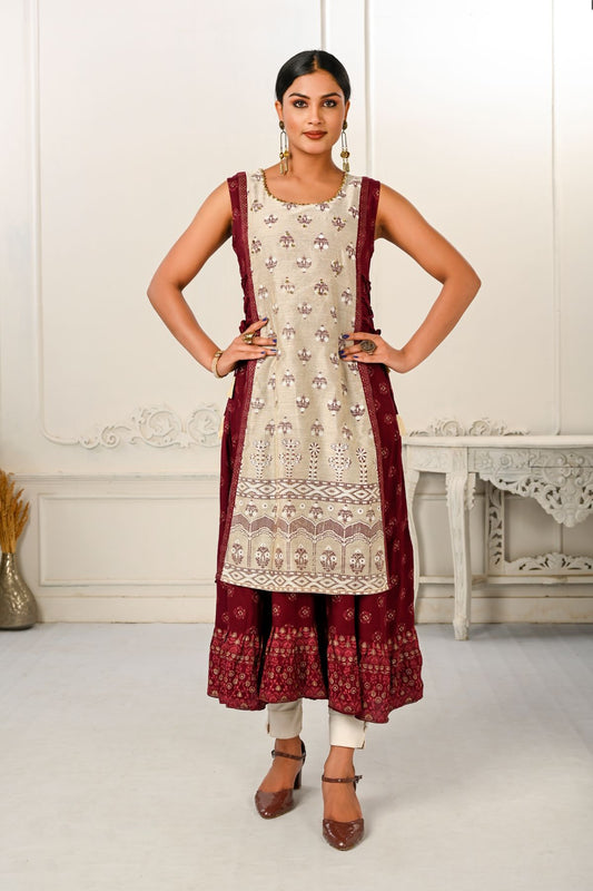 2 Layered Inner Cotton And Outward Jacket Chanderi Kurti - jivora