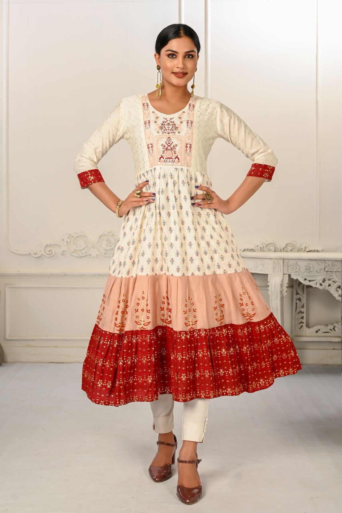 Enhance Your Style with Cotton Handprint Cream & Red Light Embroidery Kurtis - jivora