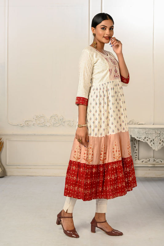 Enhance Your Style with Cotton Handprint Cream & Red Light Embroidery Kurtis - jivora