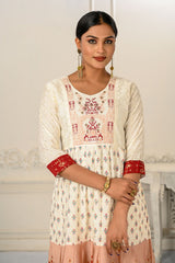 Enhance Your Style with Cotton Handprint Cream & Red Light Embroidery Kurtis - jivora