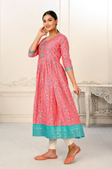 Pink Cotton Handprint Embroidered Kurtis - jivora