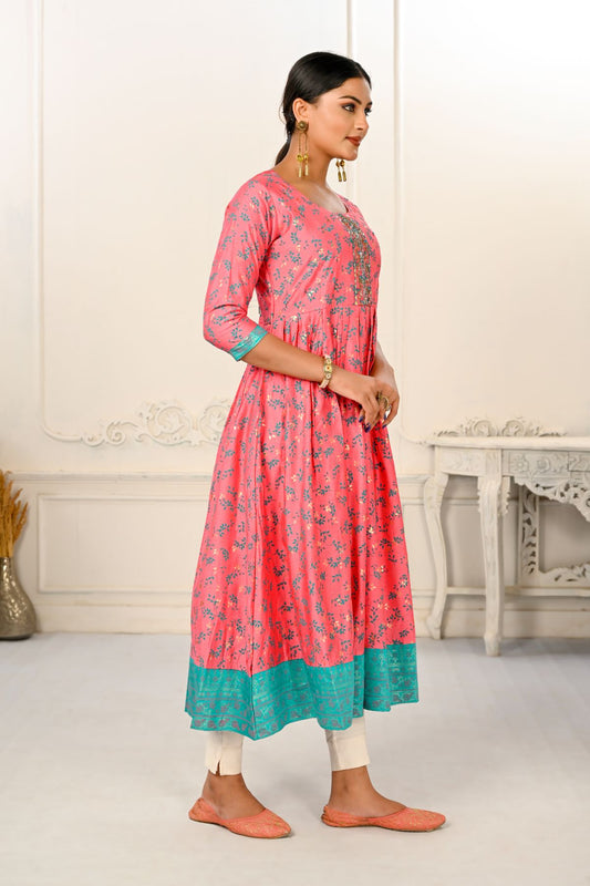 Pink Cotton Handprint Embroidered Kurtis - jivora