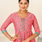 Pink Cotton Handprint Embroidered Kurtis - jivora