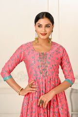 Pink Cotton Handprint Embroidered Kurtis - jivora