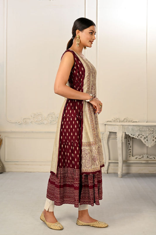 2 Layered Inner Cotton And Outward Jacket Chanderi Kurti - jivora