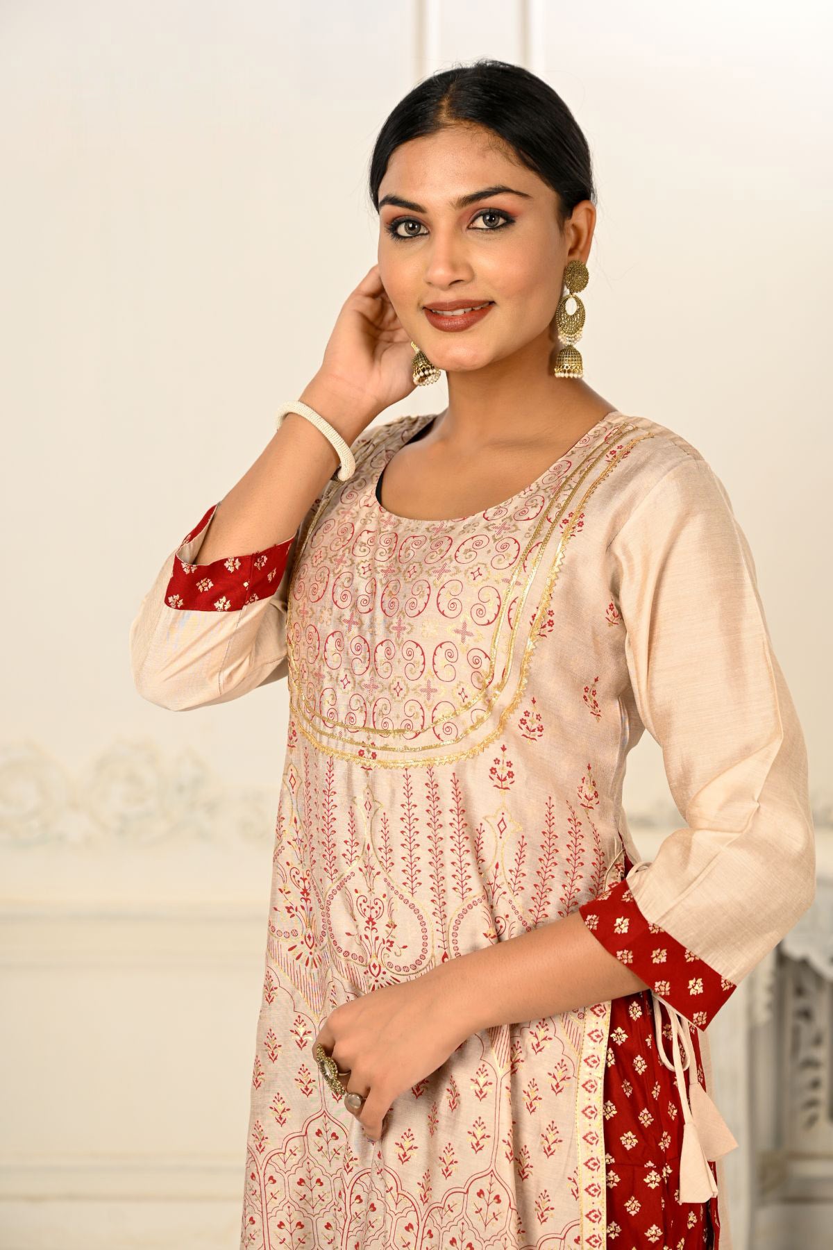 Cream Double layered Cotton with Handfoil Print Kurtis - jivora
