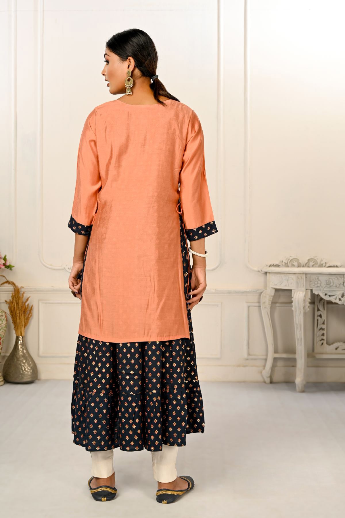 Peach Double layered Cotton with Handfoil Print Kurtis - jivora