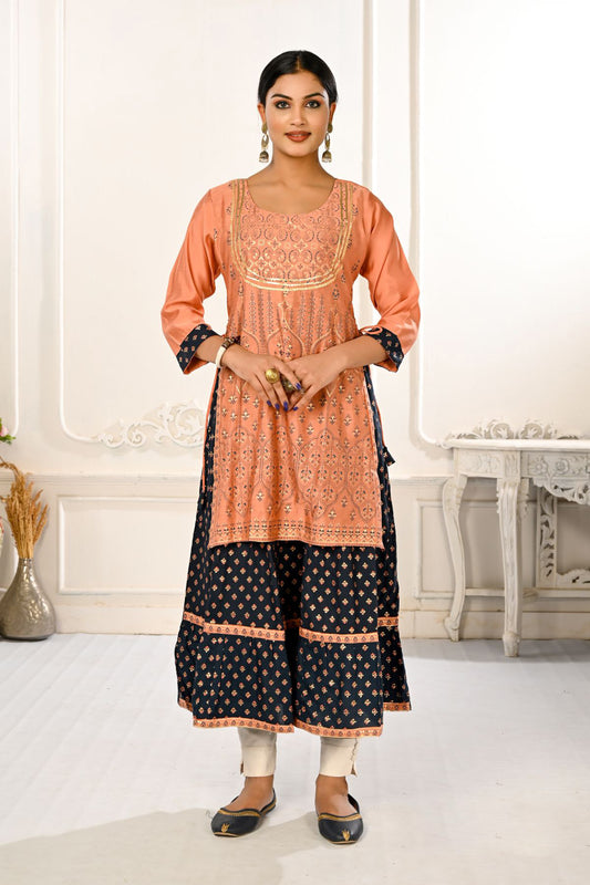 Peach Double layered Cotton with Handfoil Print Kurtis - jivora