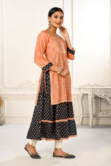 Peach Double layered Cotton with Handfoil Print Kurtis - jivora