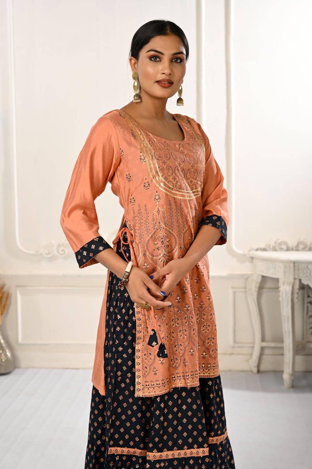 Peach Double layered Cotton with Handfoil Print Kurtis - jivora