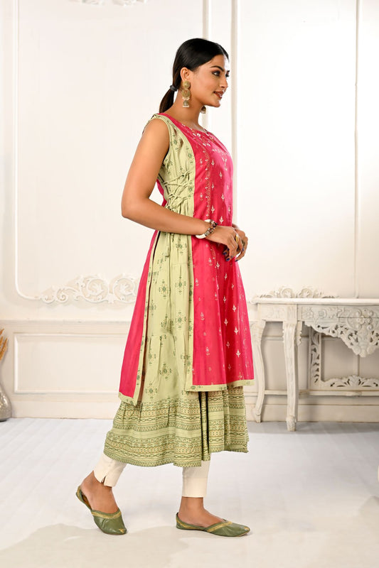 2 Layered Inner Cotton And Outward Jacket Chanderi Kurti - jivora