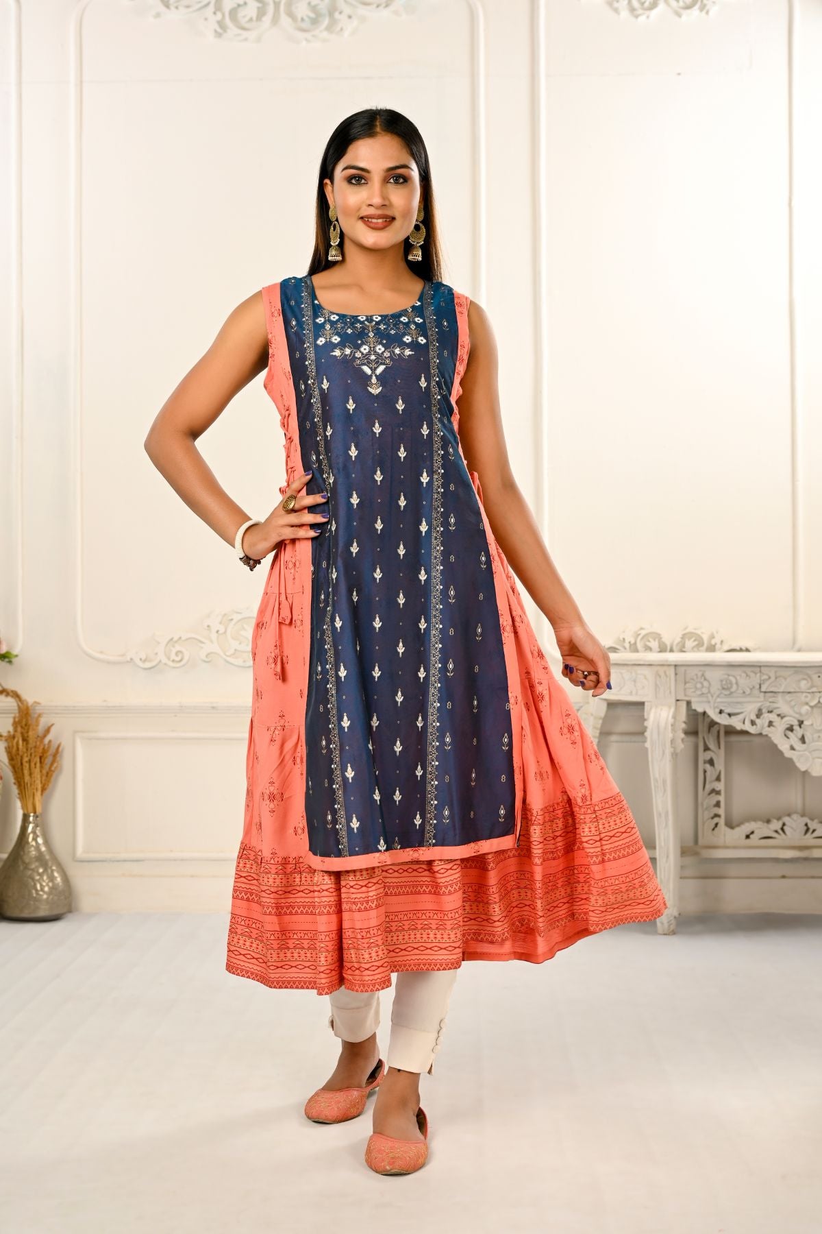 2 Layered Inner Cotton And Outward Jacket Chanderi Kurti - jivora