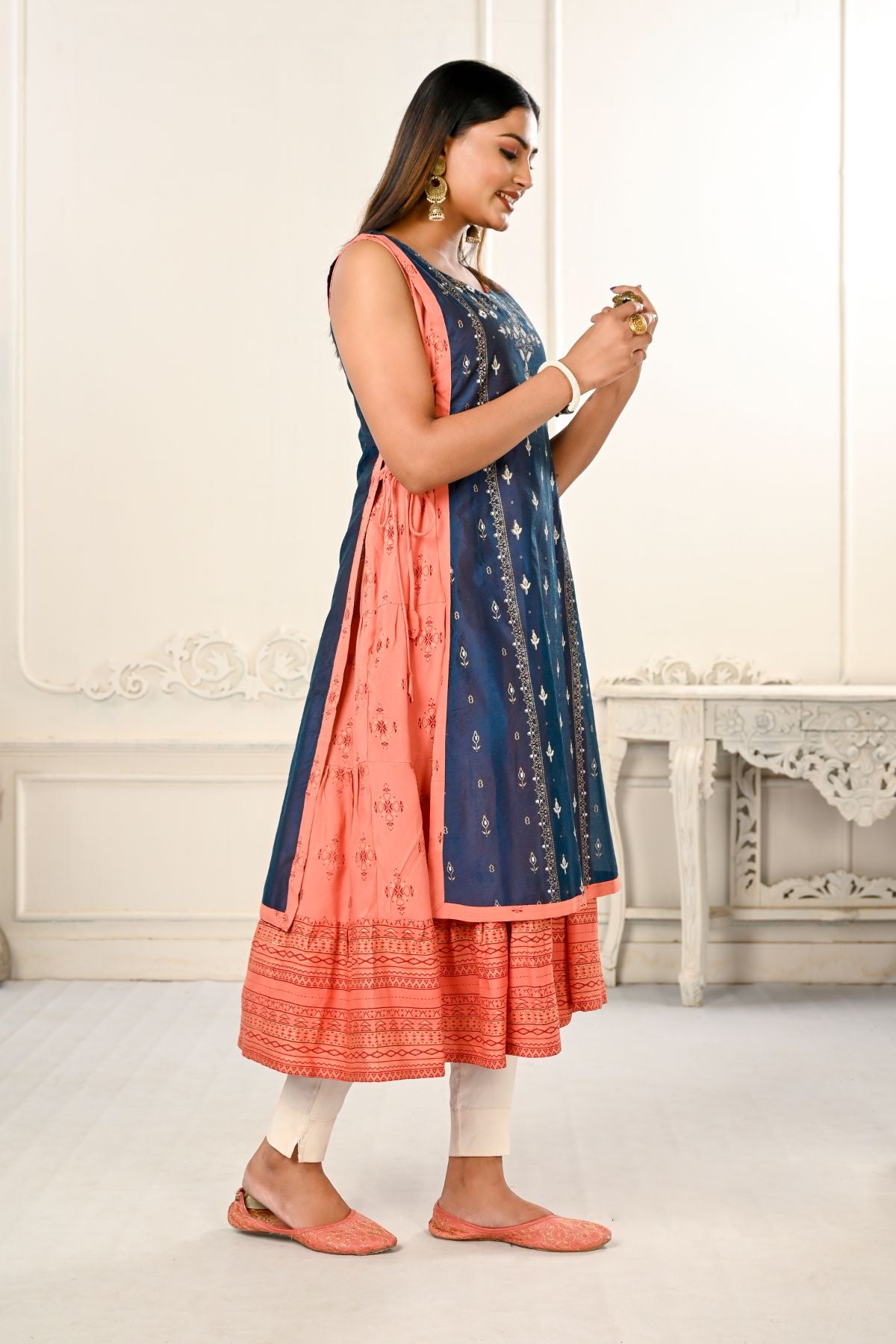 2 Layered Inner Cotton And Outward Jacket Chanderi Kurti - jivora