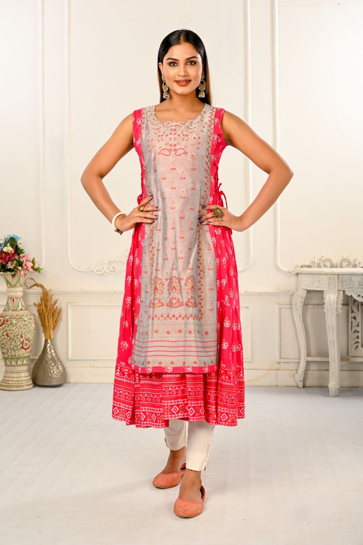 2 Layered Inner Cotton And Outward Jacket Chanderi Kurti - jivora