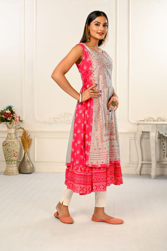 2 Layered Inner Cotton And Outward Jacket Chanderi Kurti - jivora