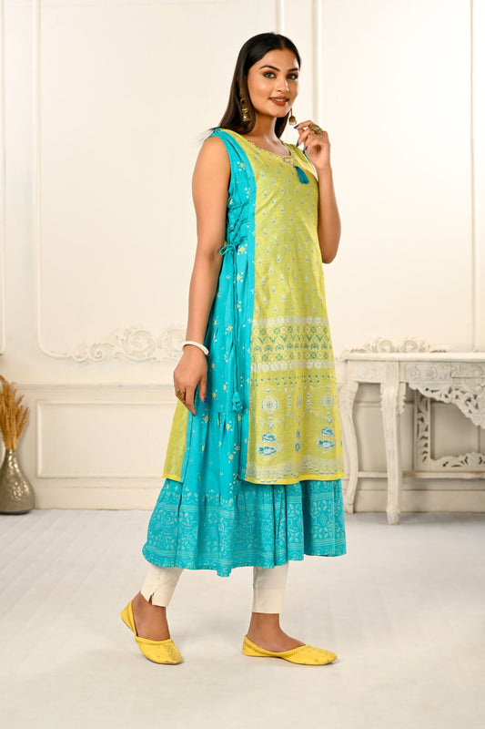 2 Layered Inner Cotton And Outward Jacket Chanderi Kurti - jivora