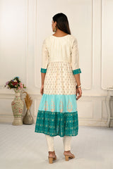 Cream and Blue Cotton Kurtis with Handprint and Light Embroidery - jivora