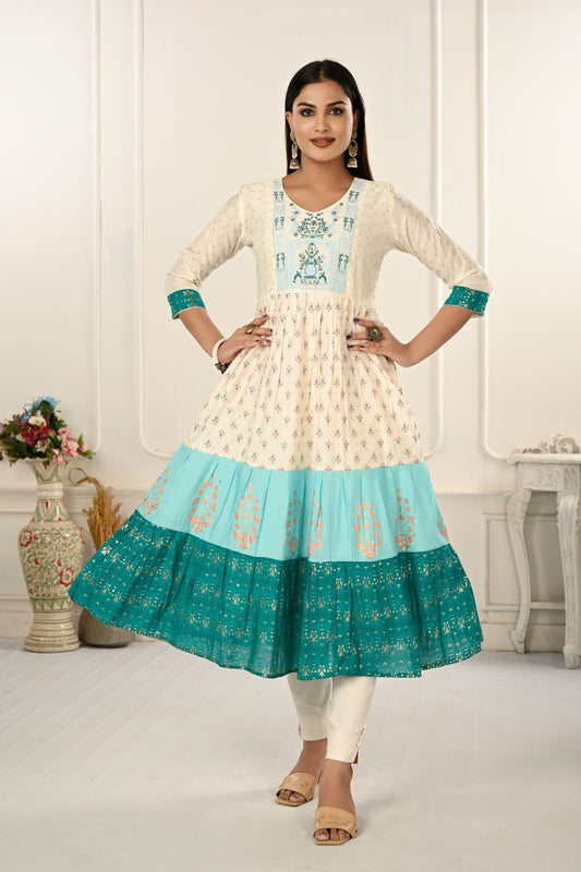 Cream and Blue Cotton Kurtis with Handprint and Light Embroidery - jivora