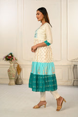 Cream and Blue Cotton Kurtis with Handprint and Light Embroidery - jivora