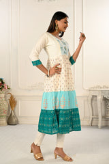 Cream and Blue Cotton Kurtis with Handprint and Light Embroidery - jivora