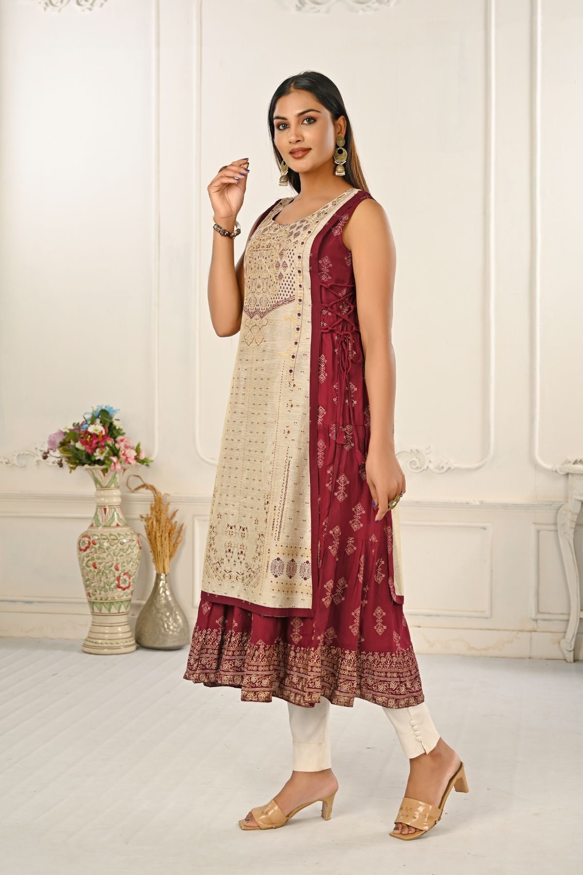 2 Layered Inner Cotton And Outward Jacket Chanderi Kurti - jivora