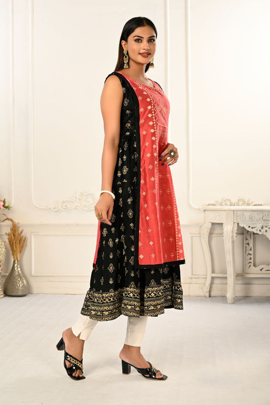 2 Layered Inner Cotton And Outward Jacket Chanderi Kurti - jivora
