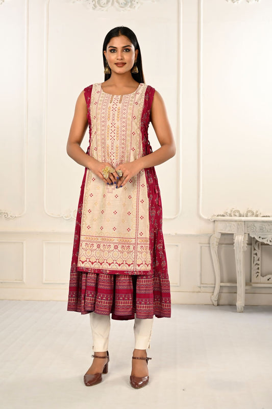 2 Layered Inner Cotton And Outward Jacket Chanderi Kurti - jivora
