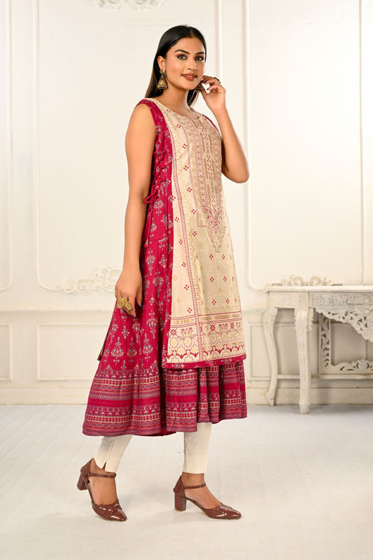 2 Layered Inner Cotton And Outward Jacket Chanderi Kurti - jivora