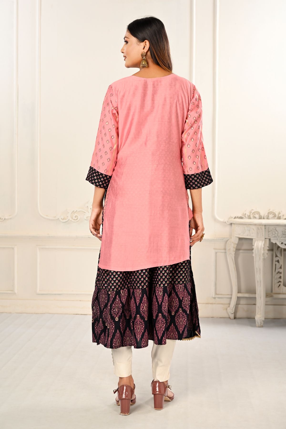 Pink Double layered Cotton with Handfoil Print Kurtis - jivora