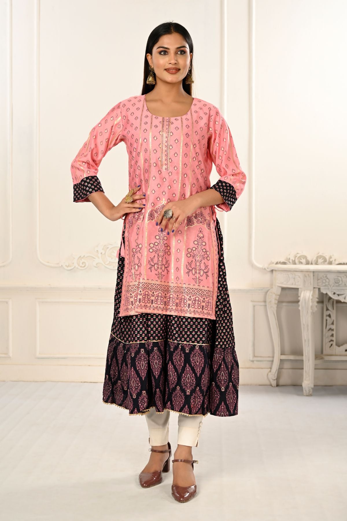Pink Double layered Cotton with Handfoil Print Kurtis - jivora