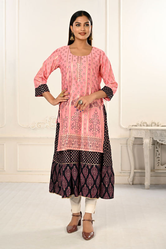 Pink Double layered Cotton with Handfoil Print Kurtis - jivora
