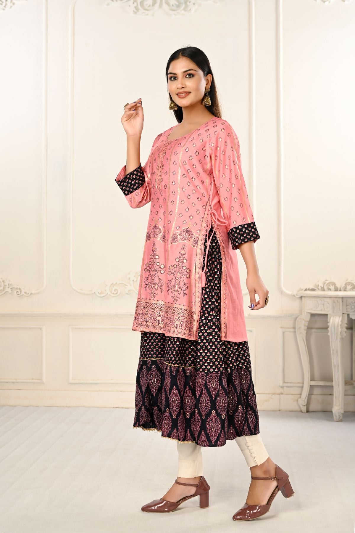Pink Double layered Cotton with Handfoil Print Kurtis - jivora