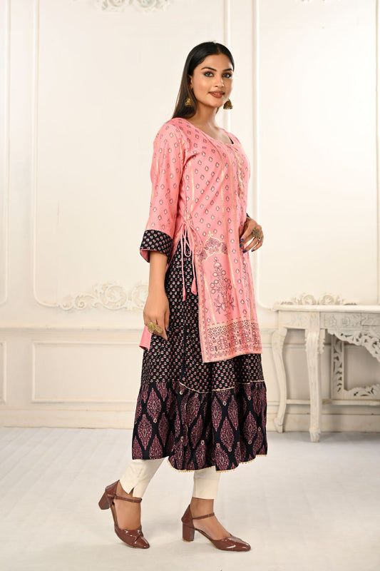Pink Double layered Cotton with Handfoil Print Kurtis - jivora