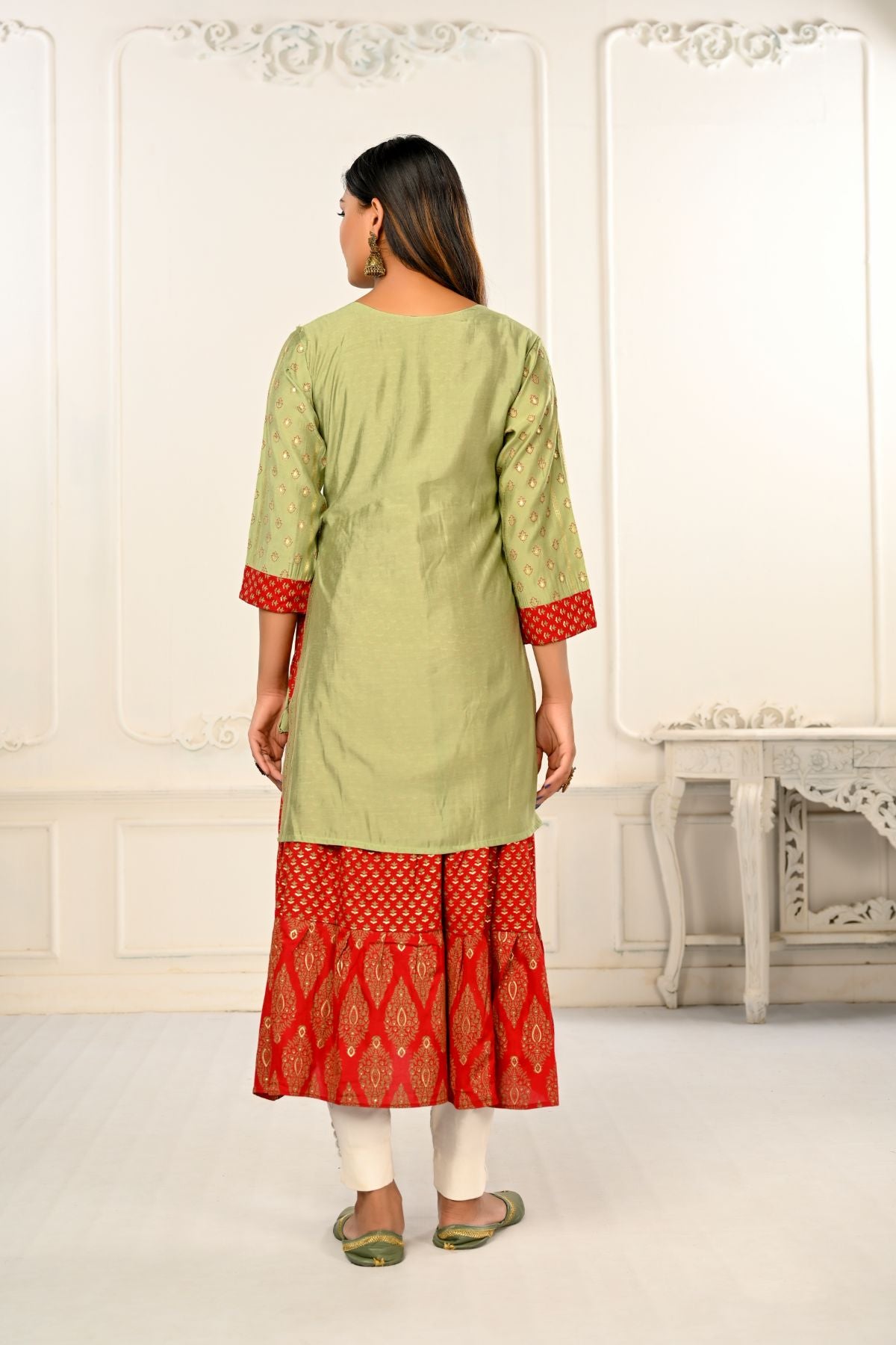 Light Cream Double layered Cotton with Handfoil Print Kurtis - jivora