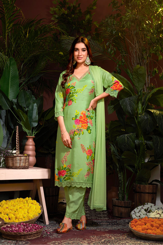 Premium Pure Muslin Fabric Santoon Bottom Chiffon  Dupatta Digital Print With Hand Work/ Neck & Daman Embroidery Lace Work  Salwar Kameez Dupatta 3 Pcs Set