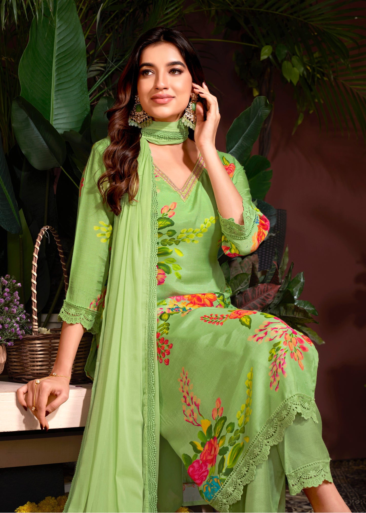 Premium Pure Muslin Fabric Santoon Bottom Chiffon  Dupatta Digital Print With Hand Work/ Neck & Daman Embroidery Lace Work  Salwar Kameez Dupatta 3 Pcs Set