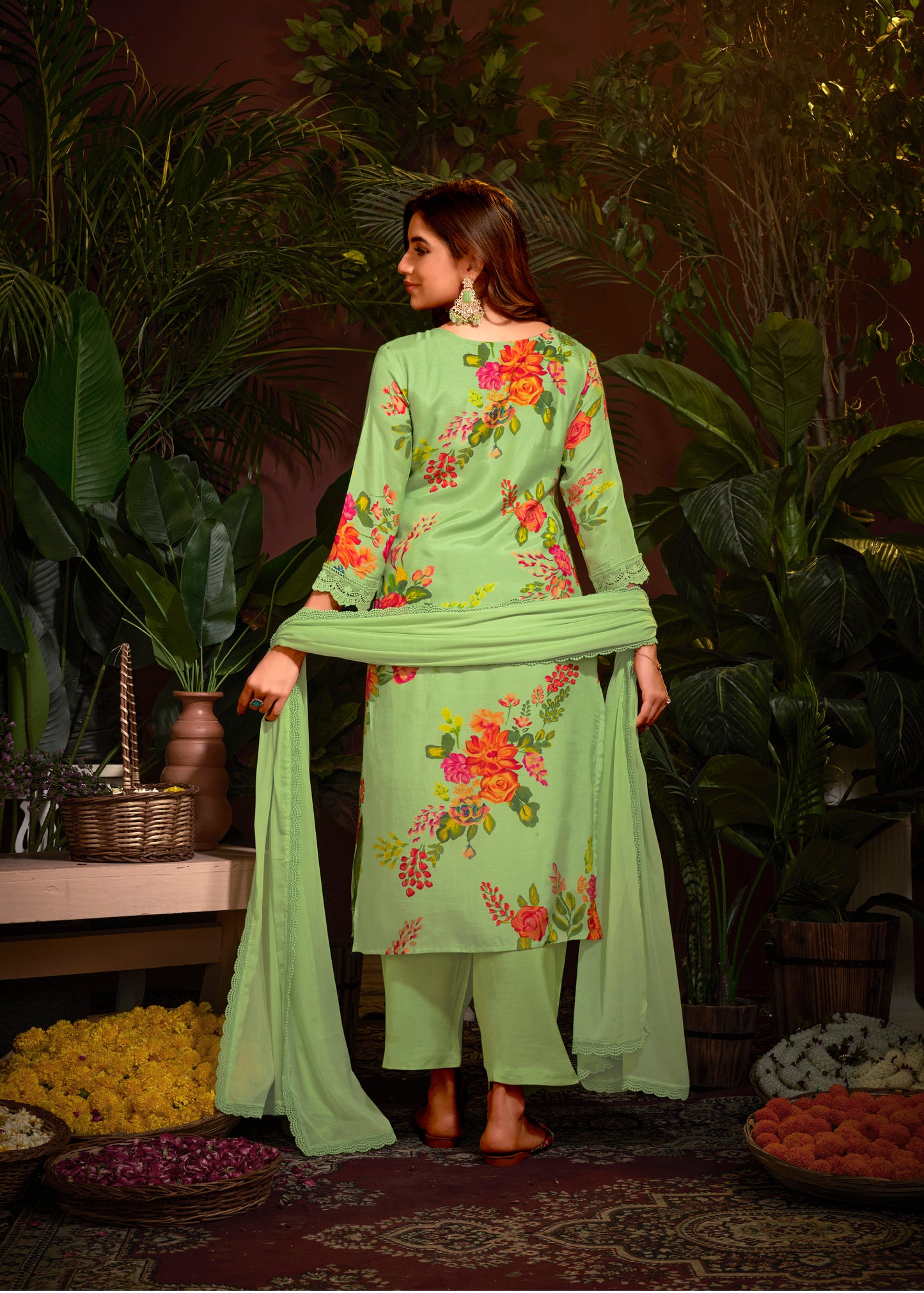 Premium Pure Muslin Fabric Santoon Bottom Chiffon  Dupatta Digital Print With Hand Work/ Neck & Daman Embroidery Lace Work  Salwar Kameez Dupatta 3 Pcs Set