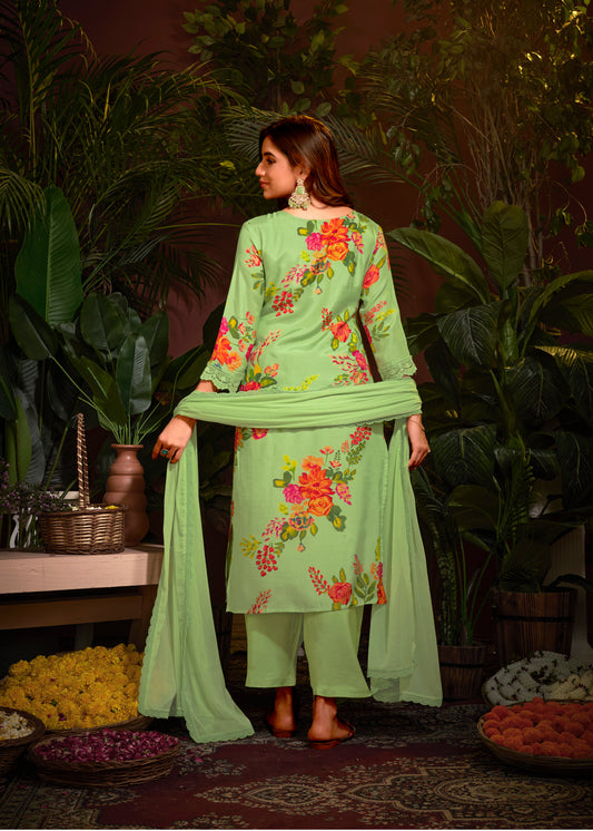 Premium Pure Muslin Fabric Santoon Bottom Chiffon  Dupatta Digital Print With Hand Work/ Neck & Daman Embroidery Lace Work  Salwar Kameez Dupatta 3 Pcs Set