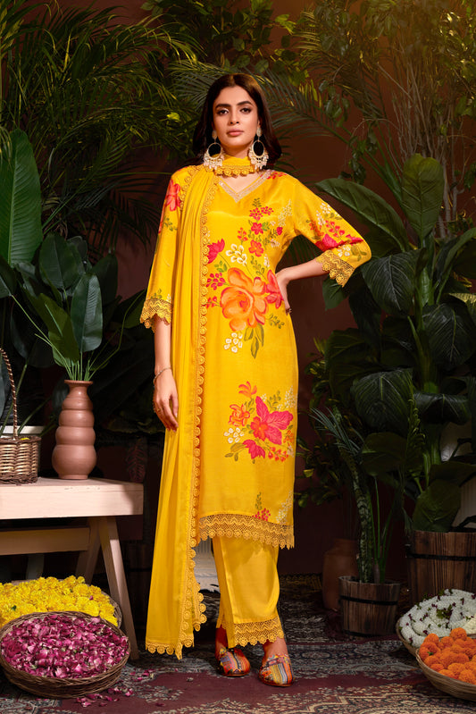 Premium Pure Muslin Fabric Santoon Bottom Chiffon Dupatta Digital Print With Hand Work/ Neck & Daman Embroidery Lace Work  Salwar Kameez Dupatta 3 Pcs Set