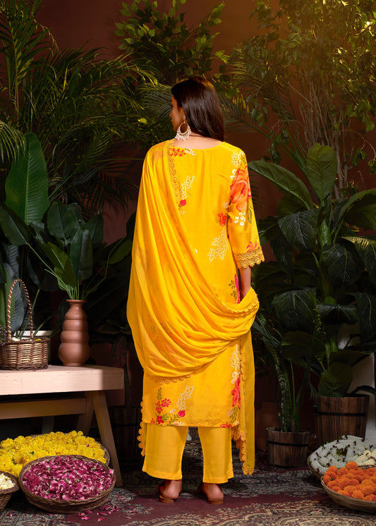 Premium Pure Muslin Fabric Santoon Bottom Chiffon Dupatta Digital Print With Hand Work/ Neck & Daman Embroidery Lace Work  Salwar Kameez Dupatta 3 Pcs Set