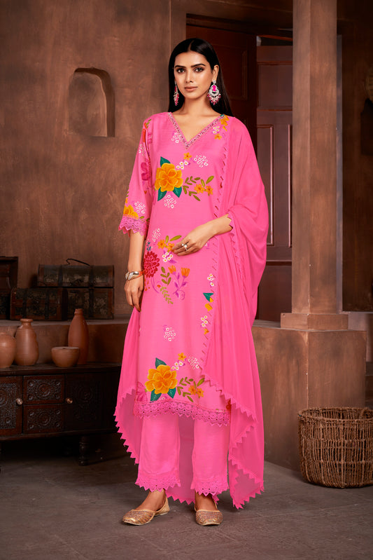 Premium Pure Muslin Fabric Santoon Bottom Chiffon Dupatta Digital Print With Hand Work/ Neck & Daman Embroidery Lace Work  Salwar Kameez Dupatta 3 Pcs Set