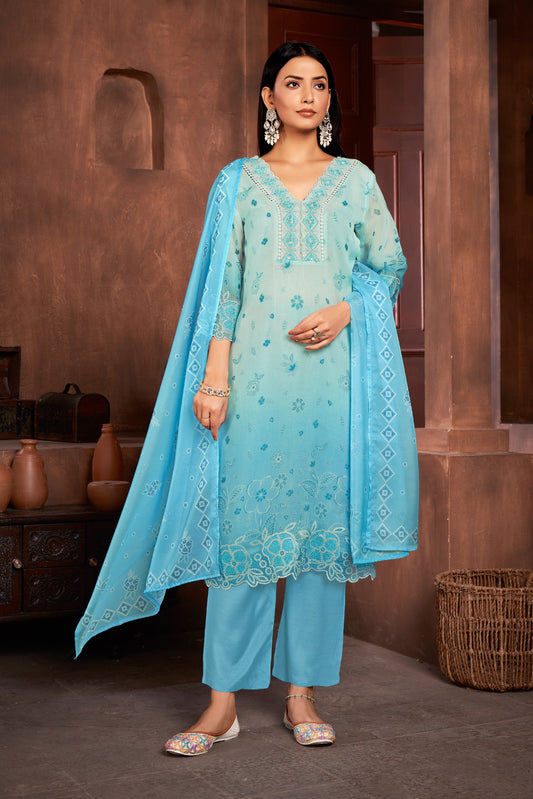 Premium Pure Muslin Fabric Santoon Bottom Chiffon Dupatta Digital Print With Hand Work/ Neck & Daman Embroidery Lace Work  Salwar Kameez Dupatta 3 Pcs Set