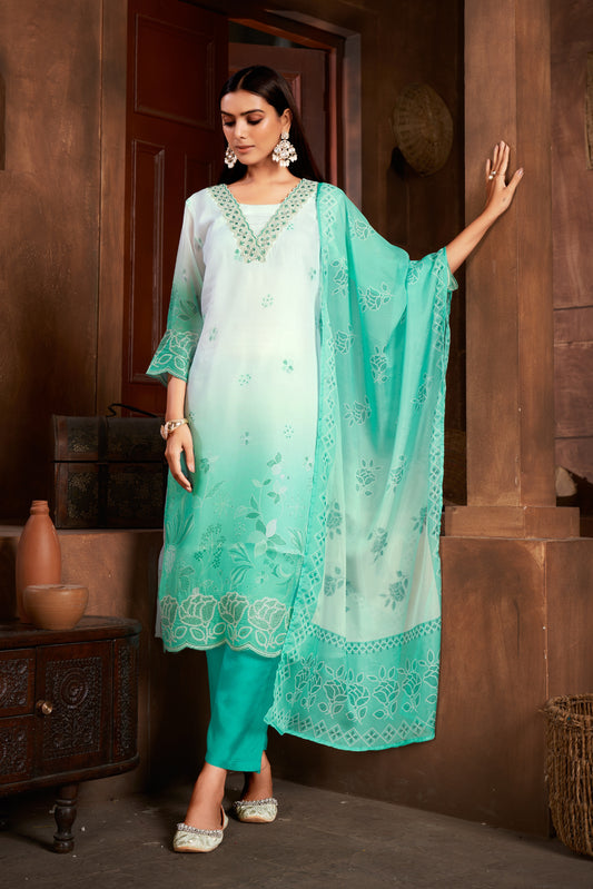 Premium Pure Muslin Fabric Santoon Bottom Chiffon Dupatta Digital Print With Hand Work/ Neck & Daman Embroidery Lace Work  Salwar Kameez Dupatta 3 Pcs Set